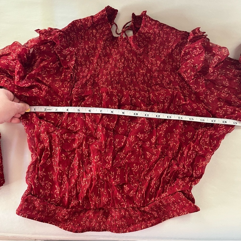 Free People Red Roma Blouse Sheer Floral Long Sleeve with Keyhole Back Small - Picture 13 of 15